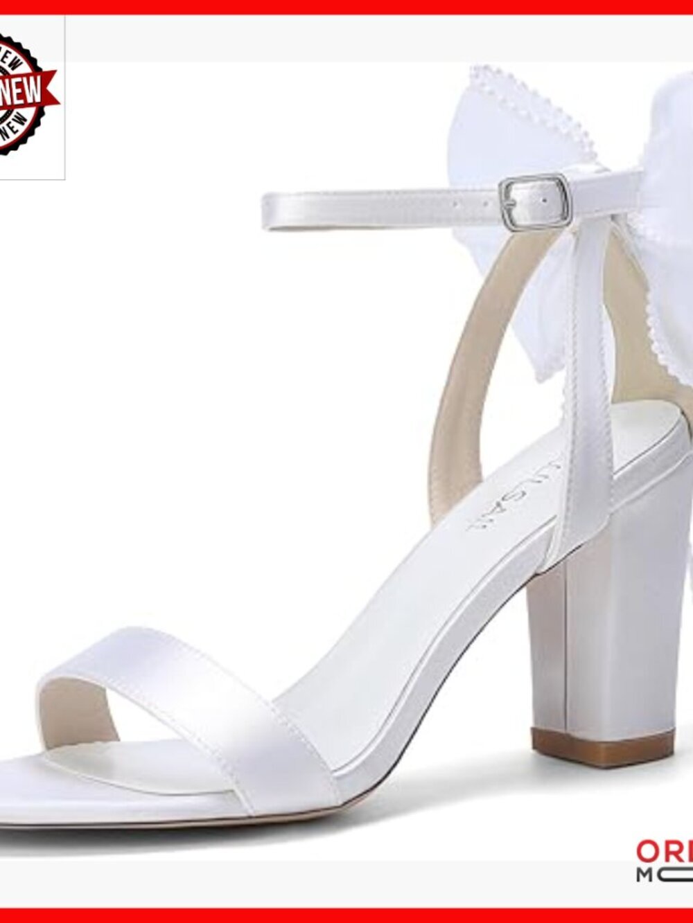 Satin Bridal Sandals with Pearl Bow Block Heel Adjustable Straps